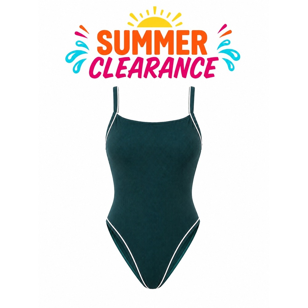 Shade & Shore Textured Green One Piece Swimsuit‎ Size Small White Trim NWT
